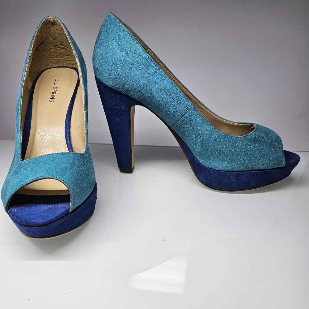 Blue Peep Toe Suede Heels